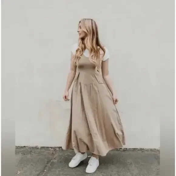 FREE PEOPLE Soledad Maxi Dress Khaki Tan Beige Sz M {3Z26} - Picture 2 of 10